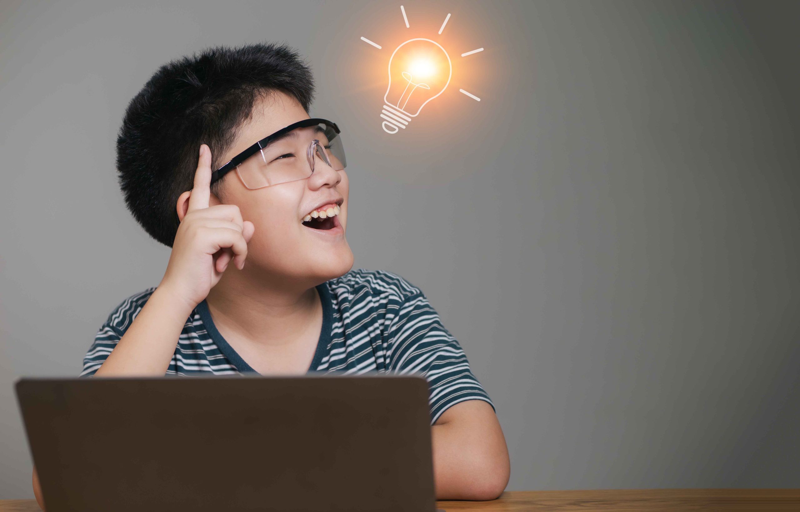 Asian Portrait of Smiling Schoolboy Ideas and Brainstorming Happy school student with a light bulb, nervous system, brain science, and learning Children's thought processes and psychology