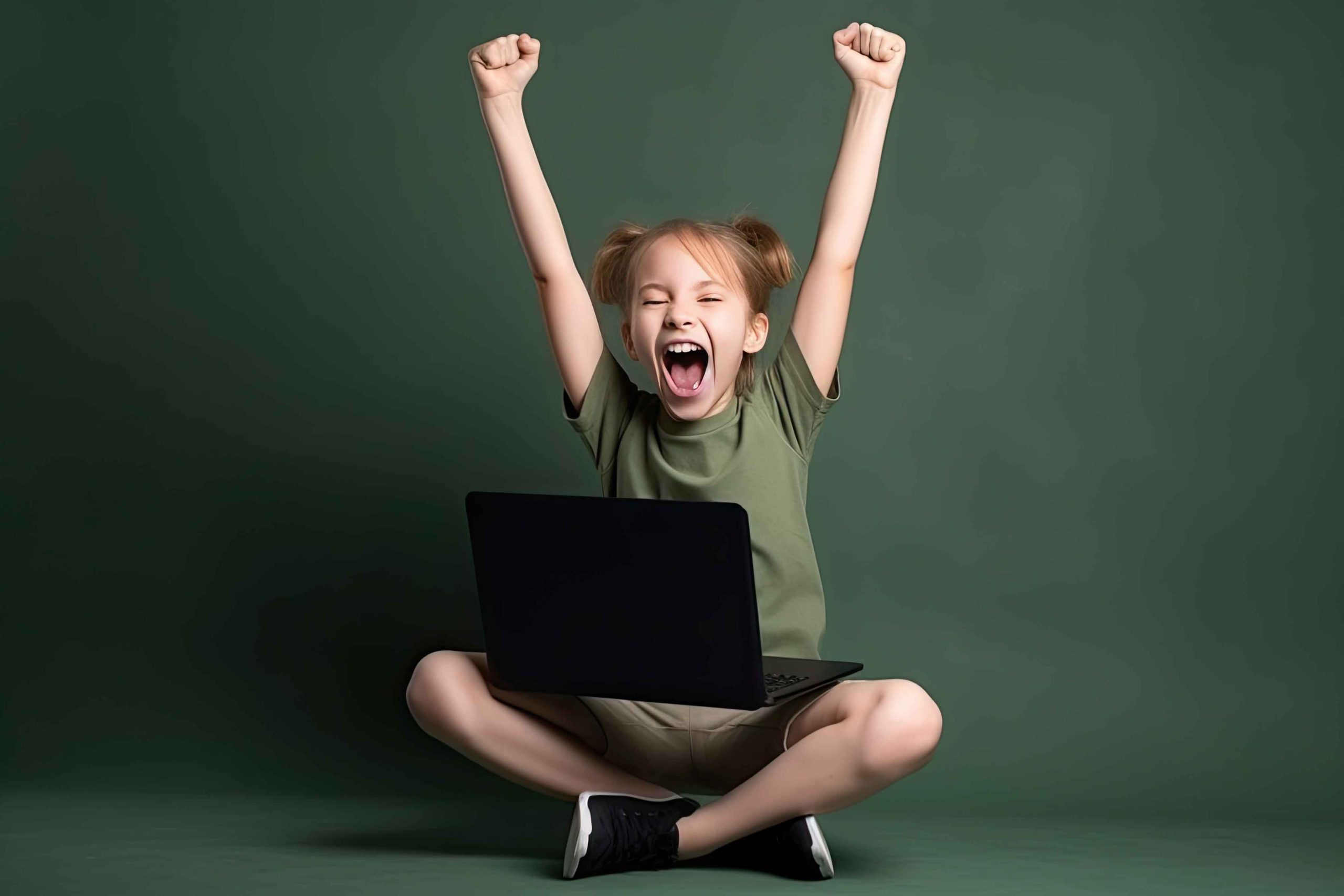 Excited Girl Celebrating Victory with Laptop, Sitting on Floor,